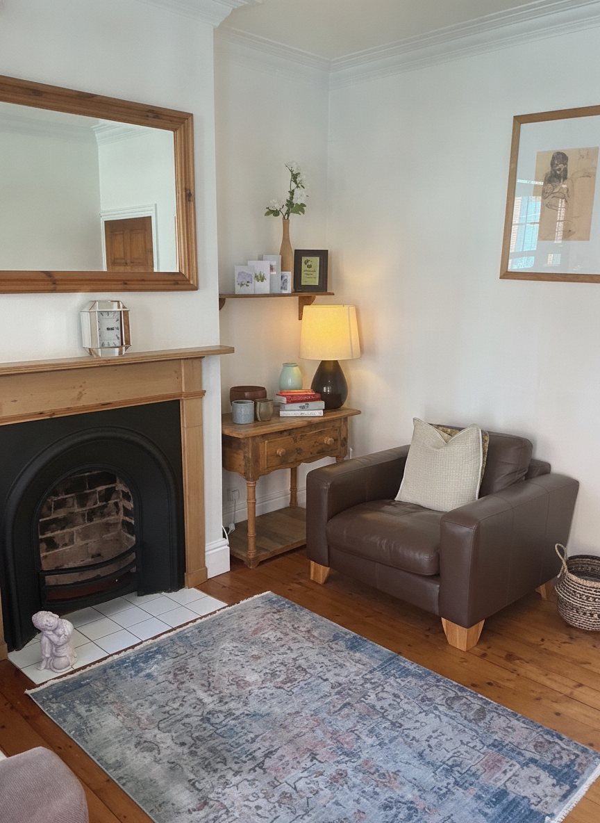 The therapy chair beside the fireplace in Shaun Lewis's consulting room in Leicester