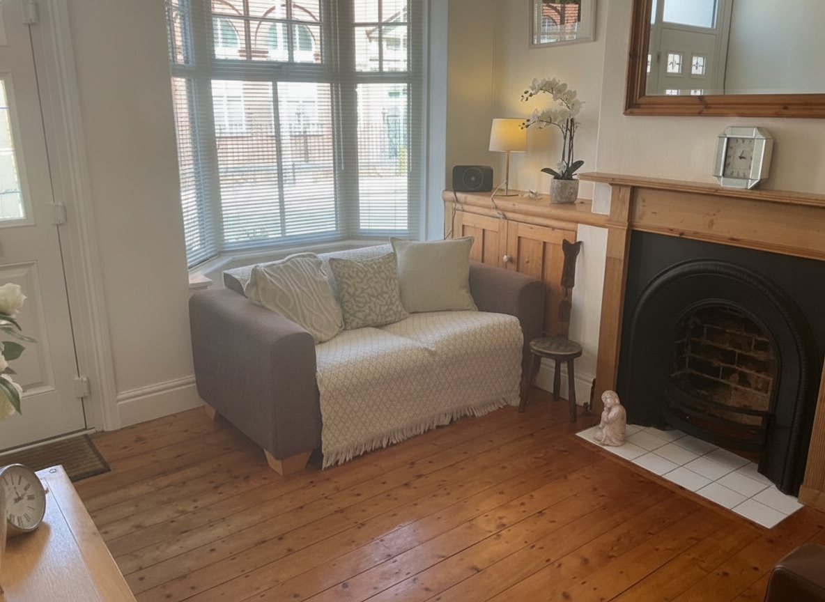 The bay window and sofa in Shaun Lewis's Leicester therapy room